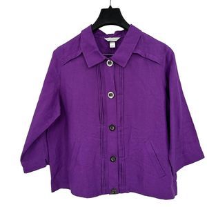 Christopher & Banks Jacket XL Women's Linen Blend 3/4 Slv Button Purple Casual